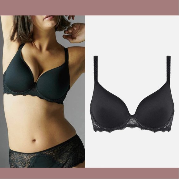 NWT $115 Simone Perele [‎ 36E ] Caresse Underwire Plunge Bra in Black #T1896 - Picture 3 of 12